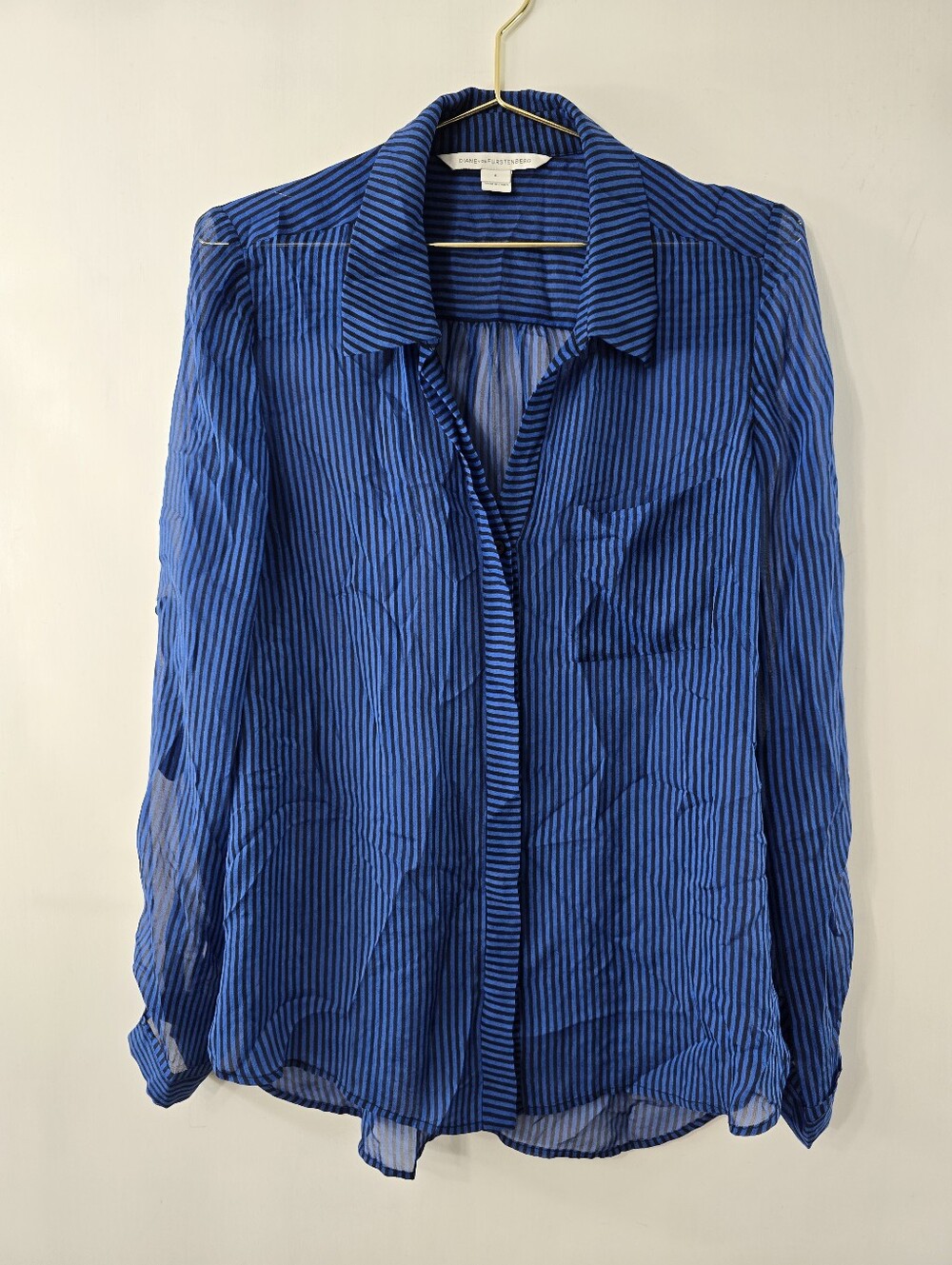 DVF Diane Von Furstenberg Lorelei 2 Silk Button Up Down Stripe Roll Tab Blouse 8 - Picture 2 of 12
